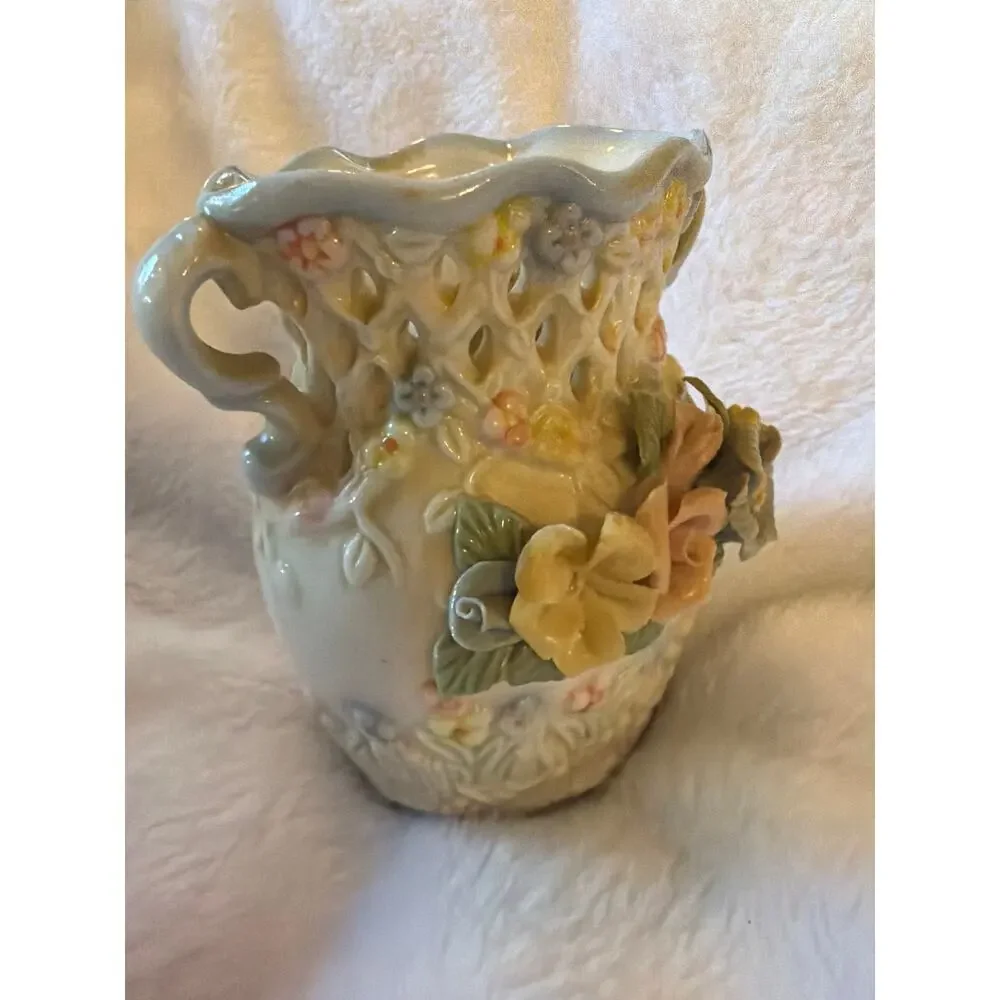 Vintage Porcelain Floral Vase Openwork Lattice Double Handle Pastel Flowers
